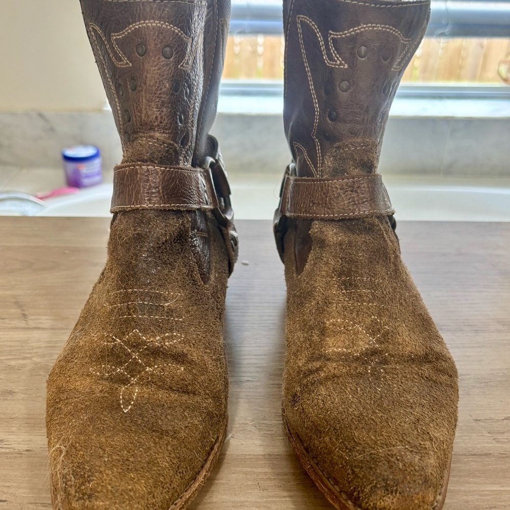 Bed Stu “Canada” Brown Suede & Leather Harness Western Style Ankle Boots - Picture 4 of 16
